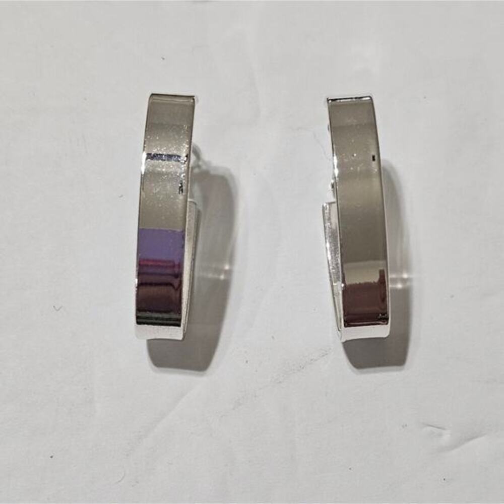 Lucky Brand Silver Tone Elongated Oval Geometric Hoop Earrings Modern Flat Edge